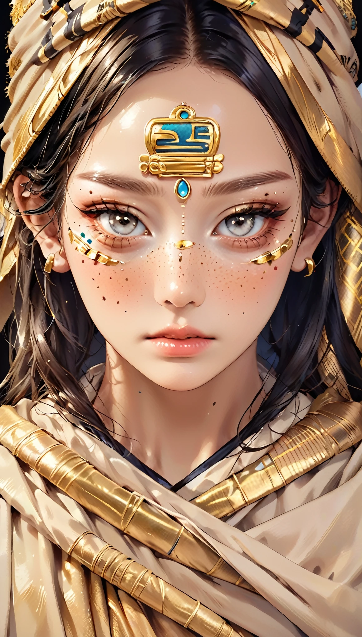 "(Beste Qualität,hohe Auflösung),Nahaufnahme des Gesichts einer Mumie,bedeckt mit Bandagen mit goldenen Hieroglyphen,(Ausführlich:1.1),(helle und intensive Farben:1.1),(Realist:1.1) grafischer Kunststil,Erschreckend,Augenhöhlen mit glänzenden goldenen Augen,Ausführlich wrinkles, Dunkle Augenringe."