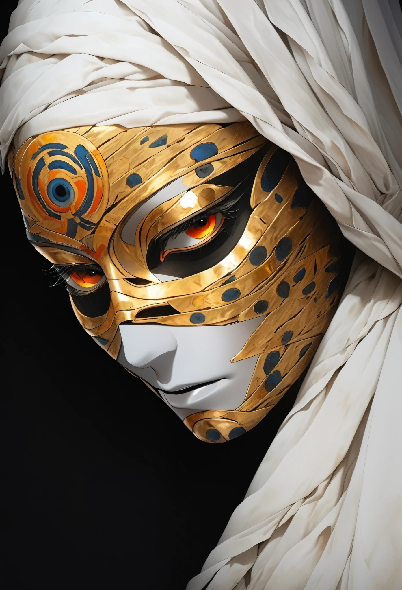 (best quality,highres,ultra-detailed:1.2),close-up of the face of a mummy,covered in bandages with golden hieroglyphics,detailed,golden and glowing eyes,vivid and intense colors,dark circles,realistic,graphic art,terror