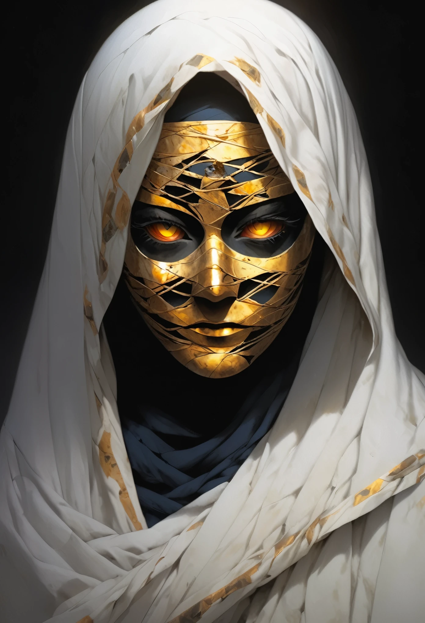 (beste Qualität,highres,ultra-ausführlich:1.2),Nahaufnahme des Gesichts einer Mumie,bedeckt mit Bandagen mit goldenen Hieroglyphen,ausführlich,goldene und leuchtende Augen,lebendige und intensive Farben,dunkle Ringe,realistisch,Grafik-Design,terror