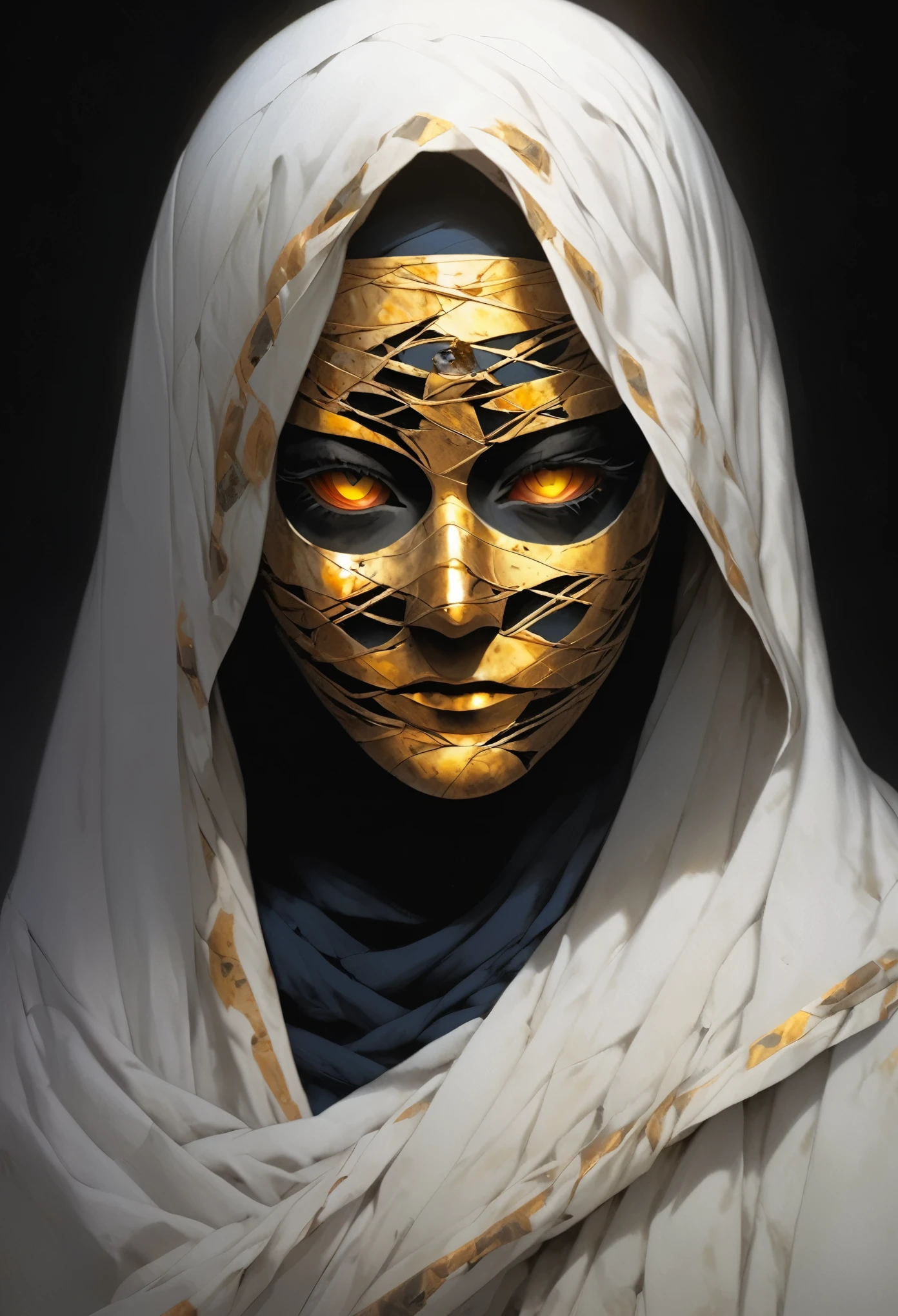 (best quality,highres,ultra-detailed:1.2),close-up of the face of a mummy,covered in bandages with golden hieroglyphics,detailed,golden and glowing eyes,vivid and intense colors,dark circles,realistic,graphic art,terror