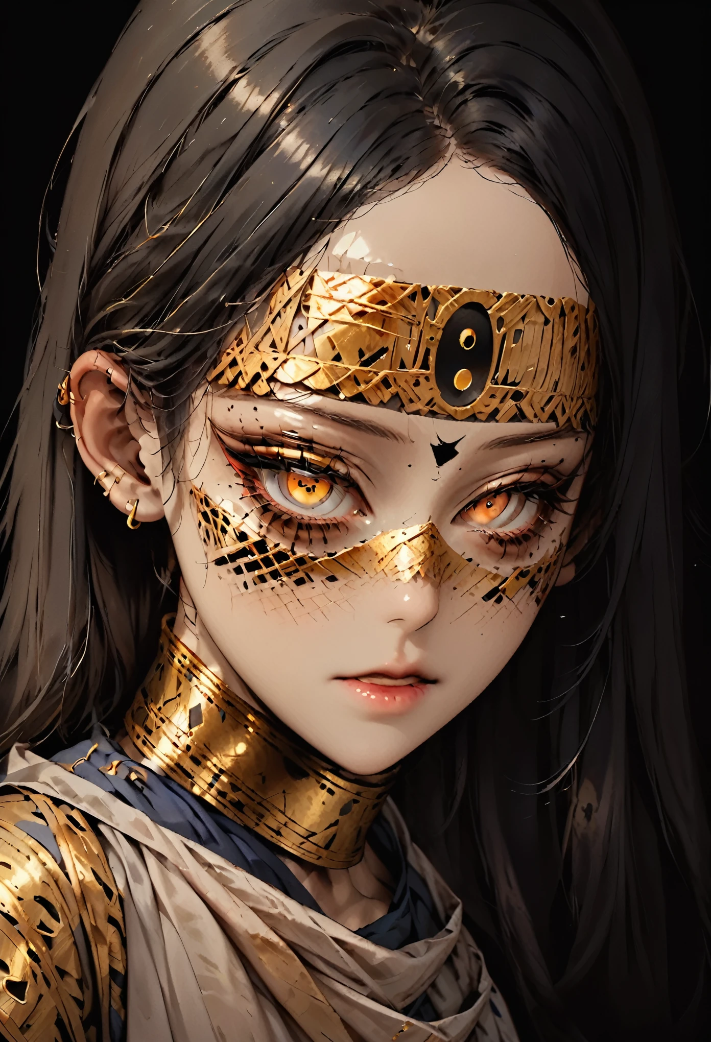 (best quality,highres,ultra-detailed:1.2),close-up of the face of a mummy,covered in bandages with golden hieroglyphics,detailed,golden and glowing eyes,vivid and intense colors,dark circles,realistic,graphic art,terror