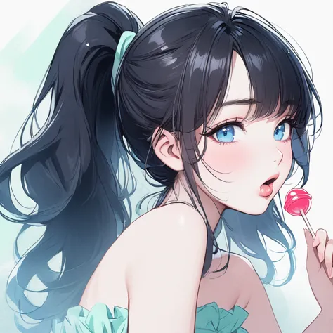 girl, black hair, blue eyes, beautiful, strapless mint dress, pastel colors, face close-up, flat, ponytail, sucking a lollipop, ...