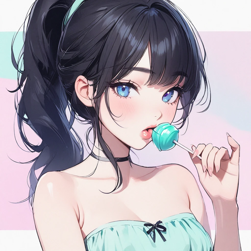 Girl, black hair, blue eyes, beautiful, strapless mint dress, pastel colors, face close-up, flat, ponytail, sucking a lollipop, lipgloss, winking
E