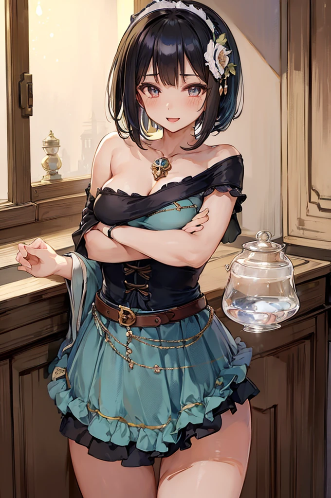 (fantasy:1.5),(anime,8k,masterpiece, top quality, best quality,beautiful and aesthetic:1.2,professional illustrasion:1.1,ultra detail:1.3,perfect lighting),extremely detailed,highest detailed,incredibly absurdres , highres, ultra detailed,intricate:1.6,(Alchemy Workshop:1.4),A girl mixing,Medicine in many small bottles,holding small potion,colorful:1.4,zentangle,(1girl),(girl),(Three kingdoms female warload),(highly detailed beautiful face and eyes,firm breasts),oily skin,((black,hair,short bob with short pony tail hair)),thin pubic hair,cute,lovely,34 years old,alchemist costume,Merchant's Clothing,smile,in the kitchen,smile,seductive weak smiling,(with sparkling eyes and a contagious smile),open mouth, Looking at Viewer, 