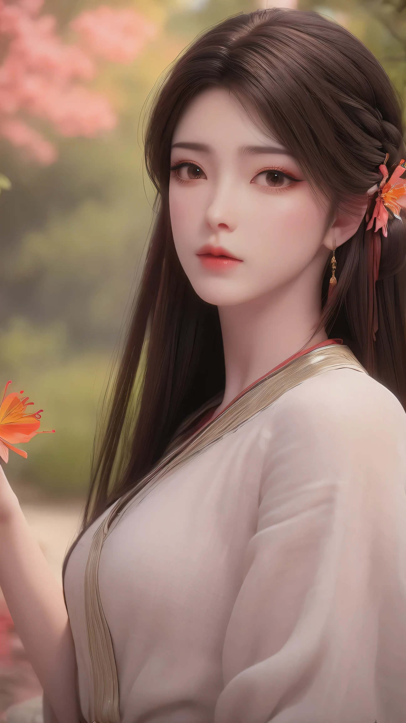 (best quality,ultra-detailed,photorealistic:1.37),vivid colors,studio lighting,beautiful detailed eyes,beautiful detailed lips,extremely detailed eyes and face,long eyelashes,portraits,black hair,confident expression,feminine,standing in a garden,soft sunlight, scenery,flower blossoms,peaceful atmosphere,artistic touch,textured brushstrokes,subtle color variations,brilliant white highlights,delicate movements,graceful pose,slight breeze,rustling leaves,sophisticated style,professional artwork,female beauty.