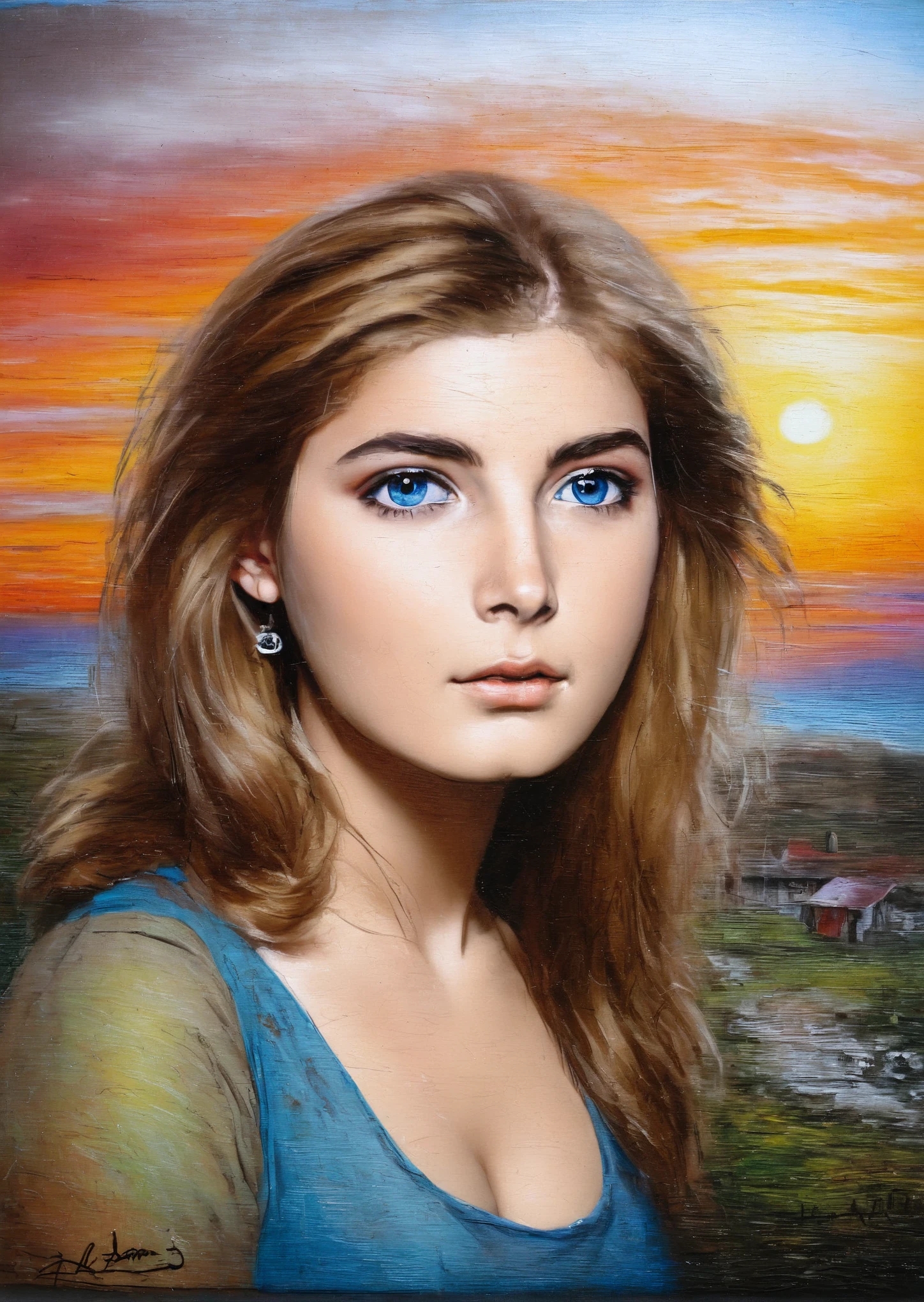 [[(front full portrait: young teen Brighton Sharbino (solo!!!) with big beauty eyes and a short hair oblique twister bob, crimson)((Cuno-Amiet style!!!))])):20]/[background: landscape Renaissance, old canva, (silver fog sunset), ((landscape style Alexey Savrasov:1,6))]/[very colorful,((oil painting palette knife))((masterpiece)),((highest detail))]]