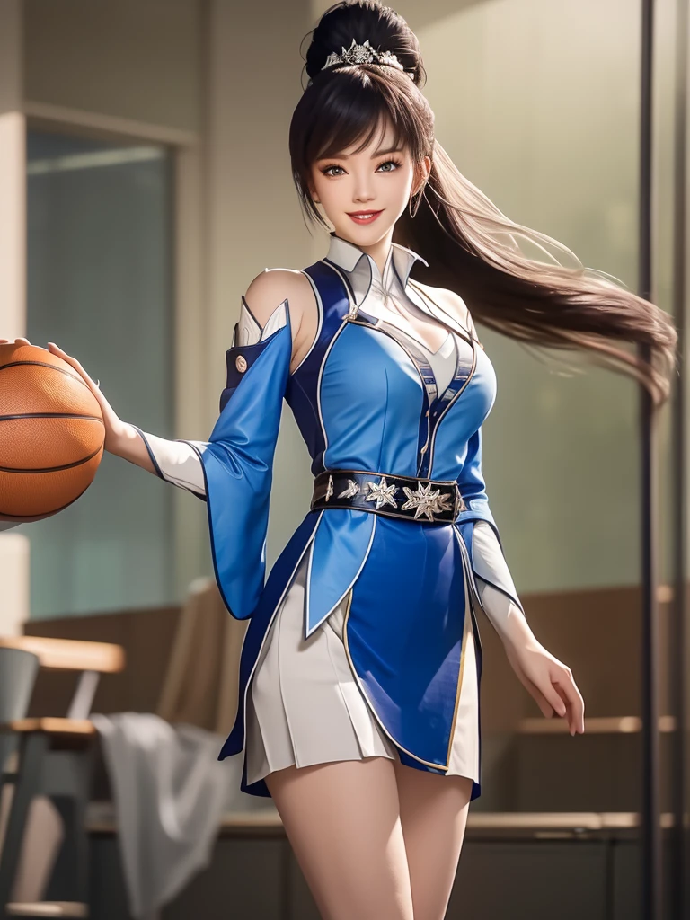 1 Girl, Long hair, skirt,Hair accessories, city View, night, High Leg Raise, Boss,白色skirt,Ponytail, Cowboy shooting, Long sleeve, belt,blue eyes,cosmetic,1 lady only, /(Basketball clothes/), Mature female, /(Light brown hair/) Bangs, Friendly smile, (Masterpiece Best Quality:1.2) Exquisite illustrations with rich details, Big BreastsBREAK /(Civic Gymnasium/) indoors