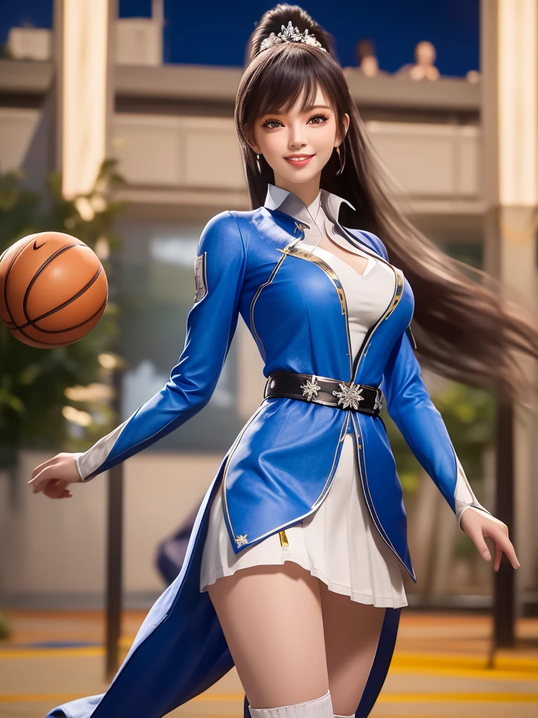 1 Girl, Long hair, skirt,Hair accessories, city View, night, High Leg Raise, Boss,白色skirt,Ponytail, Cowboy shooting, Long sleeve, belt,blue eyes,cosmetic,1 lady only, /(Basketball clothes/), Mature female, /(Light brown hair/) Bangs, Friendly smile, (Masterpiece Best Quality:1.2) Exquisite illustrations with rich details, Big BreastsBREAK /(Civic Gymnasium/) indoors