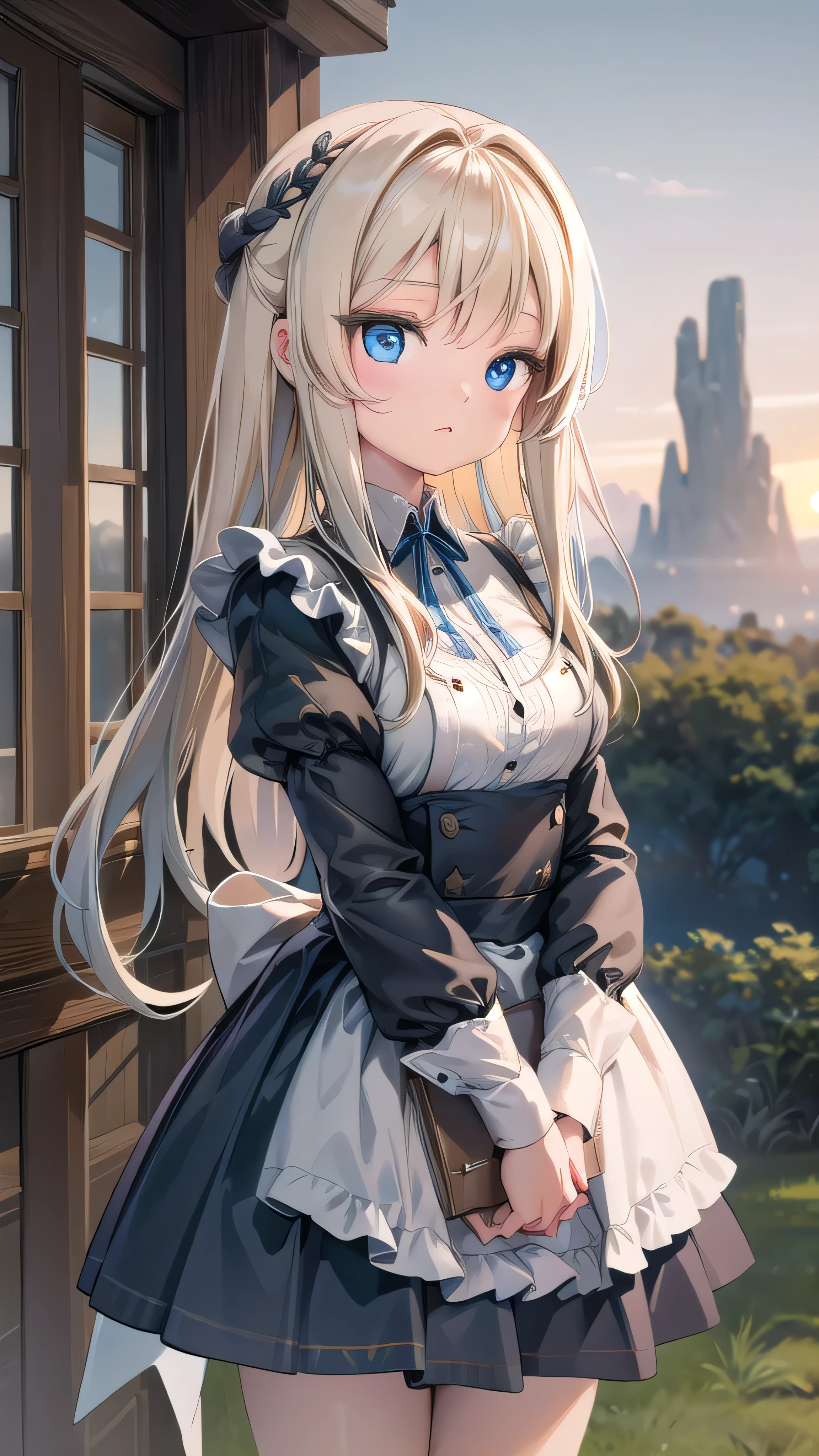 (8K, CG Unity, Ultra-High Quality Masterpiece: 1.2)
Stunningly detailed CG Unity 8K wallpaper, Solo depiction of Shiona, a captivating blonde-haired woman with cascading long locks and expressive blue eyes. A hair tuft adorns her head as she dons a mesmerizing maid outfit.

(Cinematic Outdoors Setting: 0.9)
Set against an extensively detailed background of a picturesque landscape, Shiona is captured in a cowboy shot, the wind gently grazing her face. The setting sun casts a warm glow on her, creating an ethere