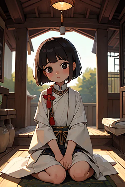 masterpiece，Girls under 8 years old，Height under 100，White dress, Flat Chest，Fabric Real，Black bobcut，Old shrine，