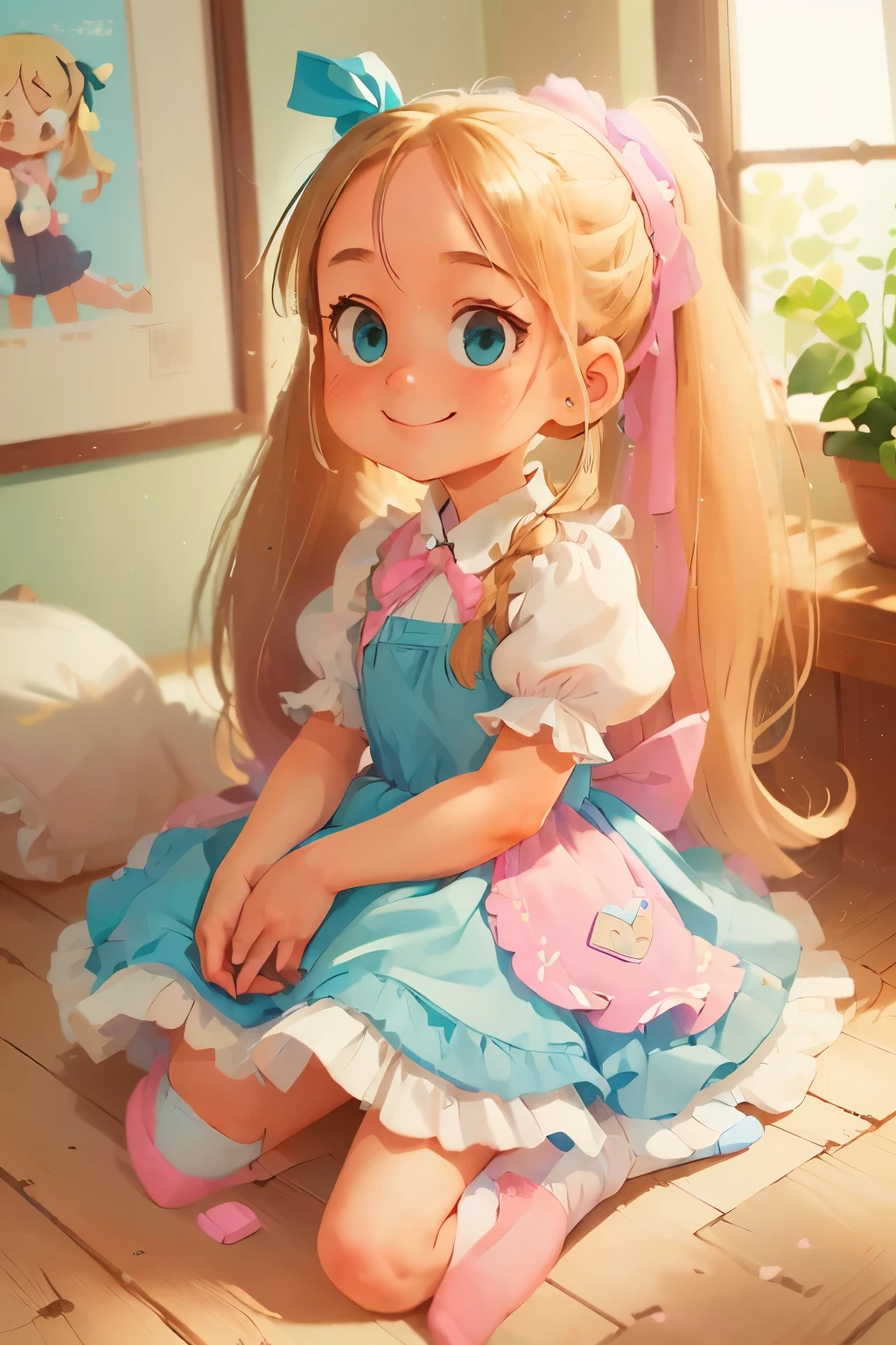 ((masterpiece, best quality), 1girl, solo, blonde hair, long hair, teal blue ribbon, ponytail, nine years old, blue eyes, ((pink dress)), puffy sleeves, white tube socks, no shoes, upper body, looking at viewer, light blush, smile, perky, 