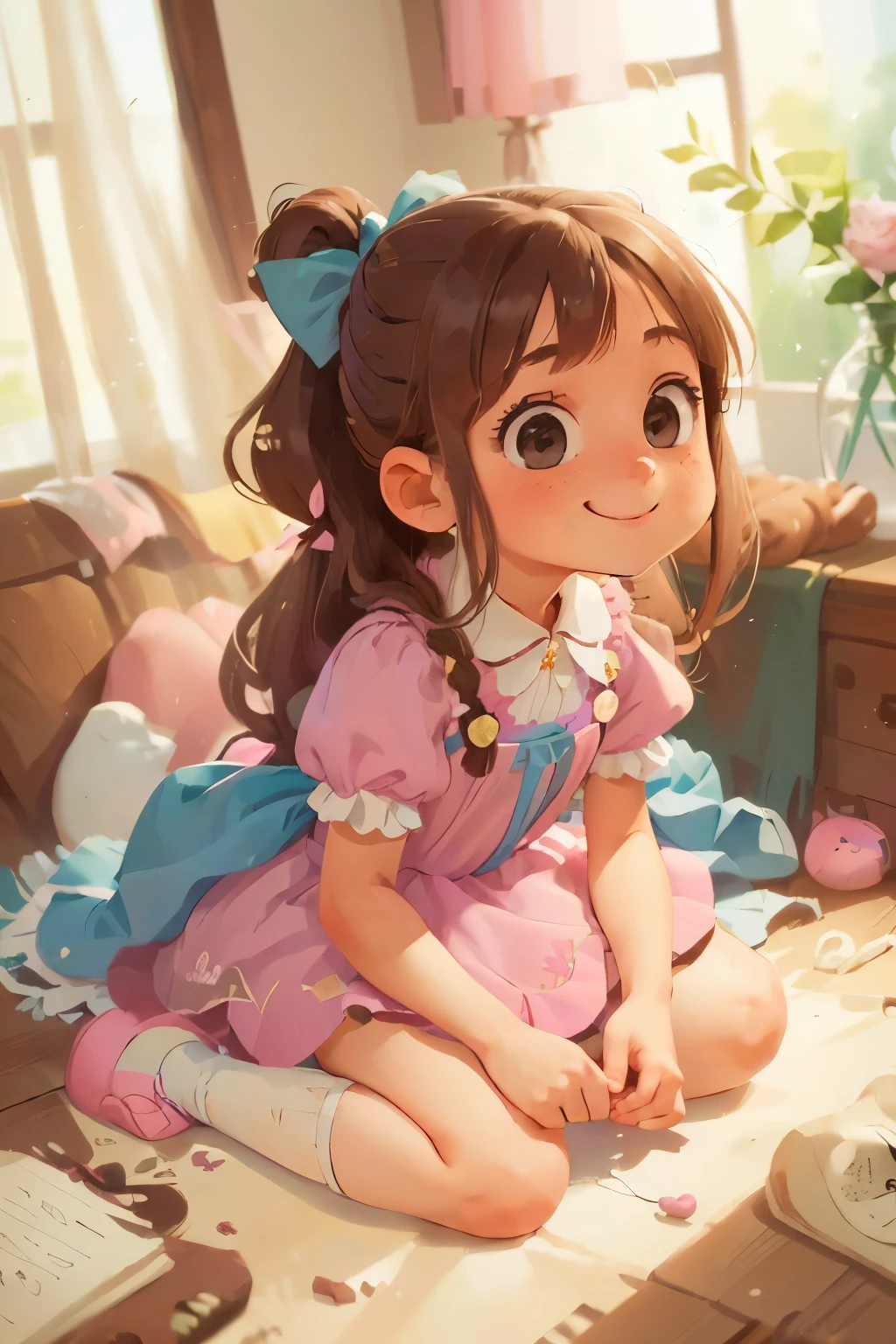 ((masterpiece, best quality), 1girl, solo,brown hair, long hair, teal blue ribbon, ponytail, nine years old, blue eyes, ((pink dress)), puffy sleeves, white tube socks, no shoes, upper body, looking at viewer, light blush, smile, perky, 