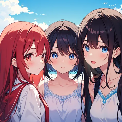 3 girls, Black haired girl and red haired girl, Blue sky background、The kids&#39;s book illustration style, Simple and cute, 10 ...