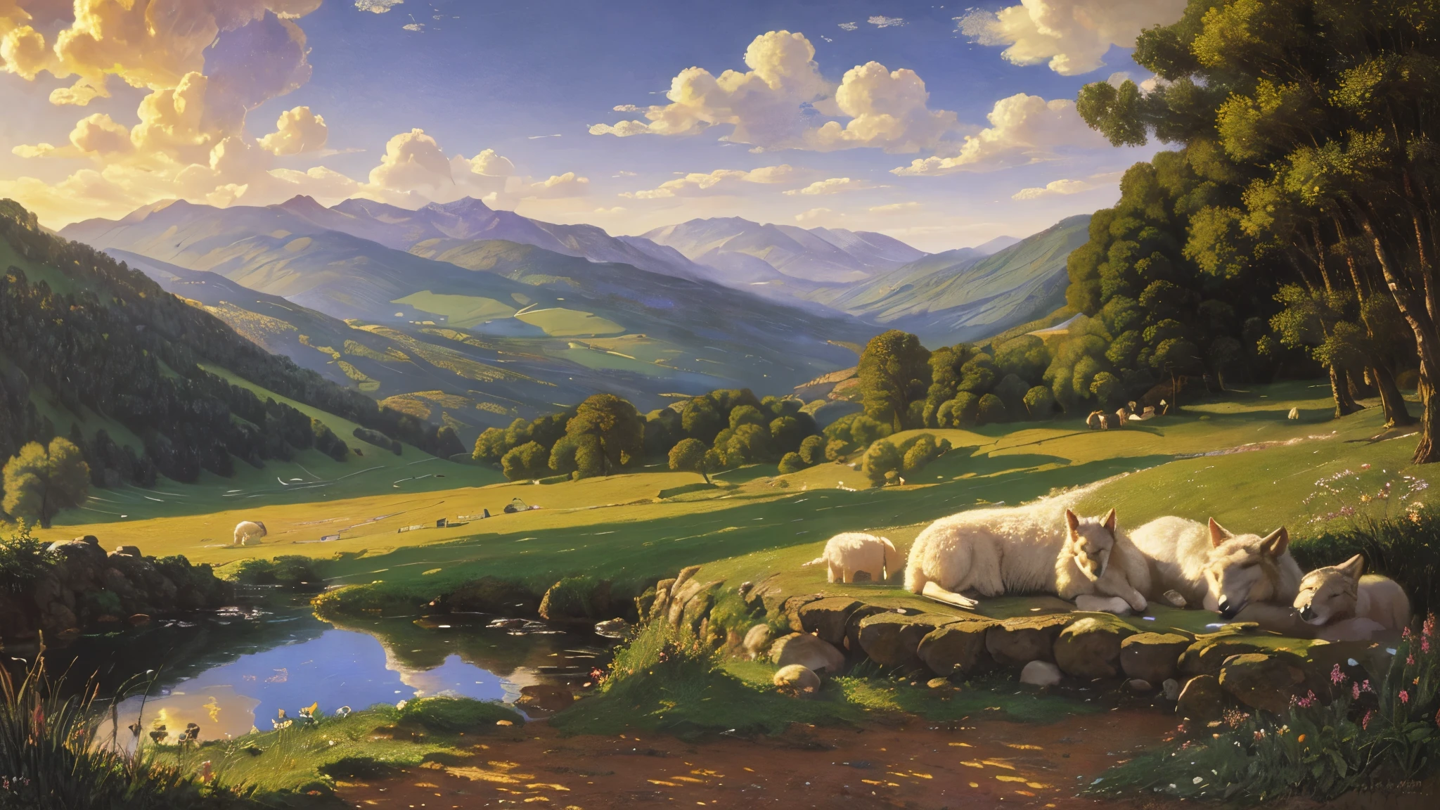 (obra de arte, 4K resolution, ultra-realistic, Altamente detalhado,  estilo Claudio Monet), (lamb resting at the feet of a wolf), [(paisagem de campo, daytime period, dynamic lights), (nascer do sol)]