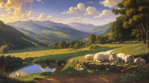 (obra de arte, 4K resolution, ultra-realistic, Altamente detalhado,  estilo Claudio Monet), (lamb resting at the feet of a wolf)...