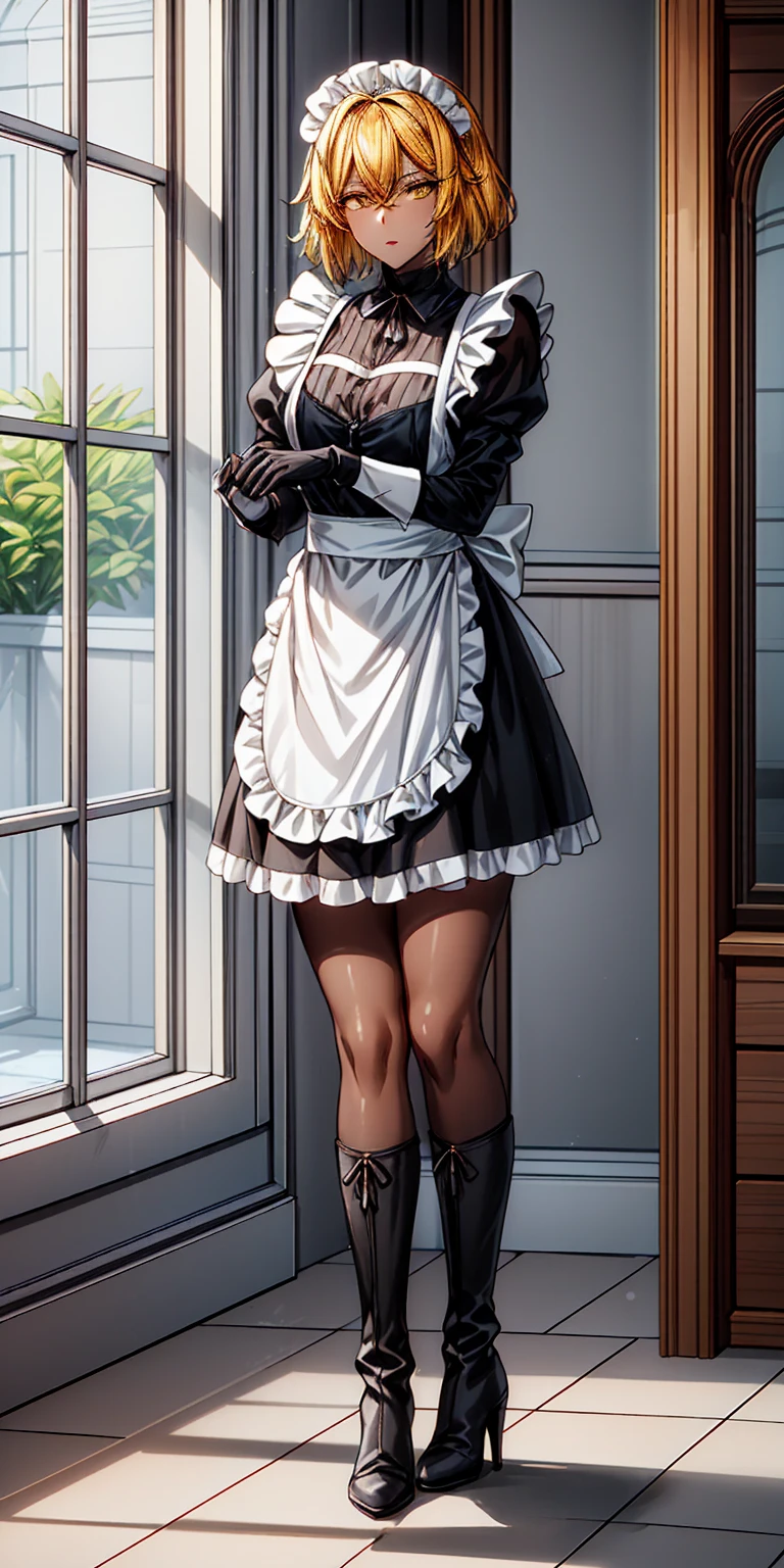 Roxanne (mature female:1.4), masterpiece, best quality (maid, maid headdress, maid apron), standing, indoors, window, masterpiece, best quality, high quality, dark black SKIN. Long messy hair, yellow eyes, full body, def_effie, blue breastplate, looking at viewer, shiny armor, thigh highs, high boots, shoulder armor, faulds, poleyn, red gloves gauntlets