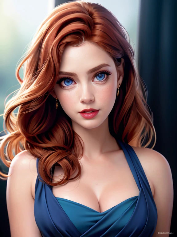 Realistic photo of a beautiful 4my4-v2 woman,  1girl, solo, long hair, breasts, looking at viewer, blue eyes, red hair, dress, cleavage, bare shoulders, medium breasts, upper body, parted lips, teeth, mole, lips, makeup, blue background, lipstick, strap slip, realistic, soft lighting, professional Photography, Photorealistic, detailed, RAW, analog, sharp focus, 8k, HD, high quality, masterpiece