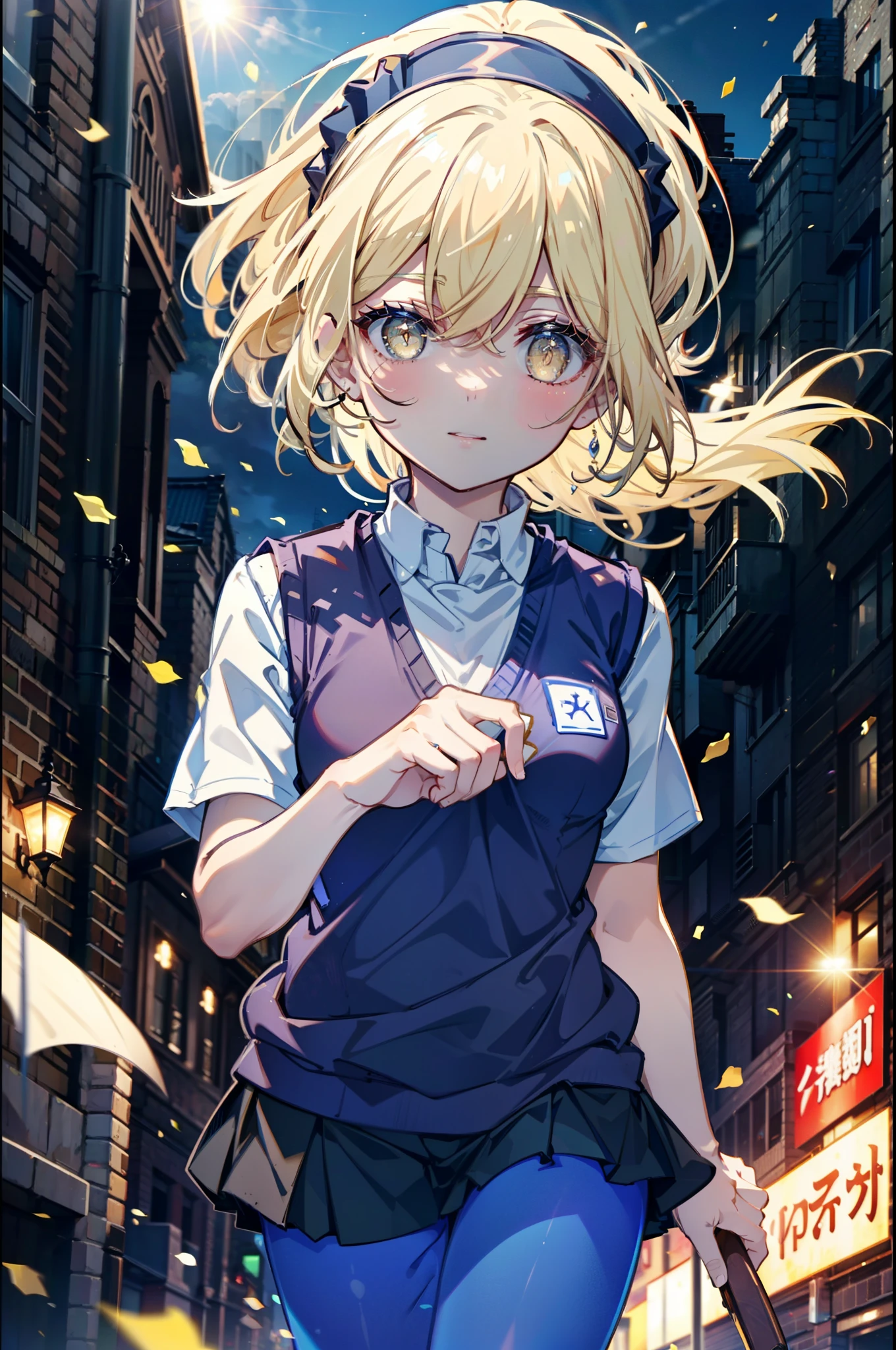 Izvalenstein, Eyes Wallenstein, Blonde, Hair between the eyes, White headband, Long Hair, (Yellow Eyes:1.5), smile,blush,Black pantyhose,Y-shirt,Short sleeve,Sweater vest, (blue Sweater vest:1.5),black pleated skirt,Brown Loafers,morning,morning陽,The sun is rising,whole bodyがイラストに入るように,crowd, people々々,Walking,
壊す looking at viewer,whole body,
Destroy outdoors, In town,Destroy a city of buildings (masterpiece:1.2), highest quality, High resolution, unity 8k wallpaper, (shape:0.8), (Fine and beautiful eyes:1.6), Highly detailed face, Perfect lighting, Highly detailed CG, (Perfect hands, Perfect Anatomy),