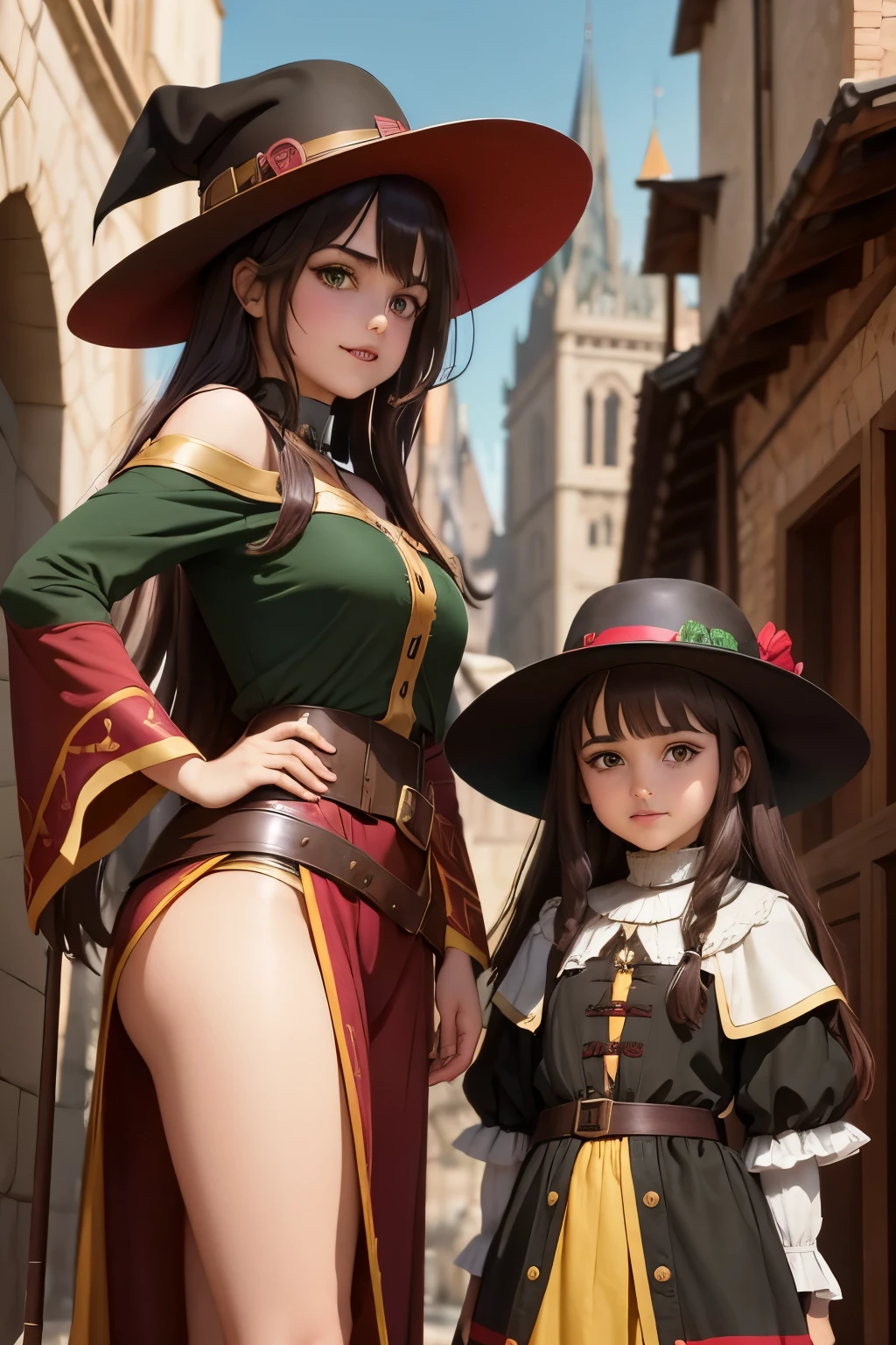 Megumin archimage and her daughter 13 years old Esmeralda archmage's apprentice (Have brunette color hair and dark green eyes, wearing sorcerer hats, medieval city, fight against enemy,