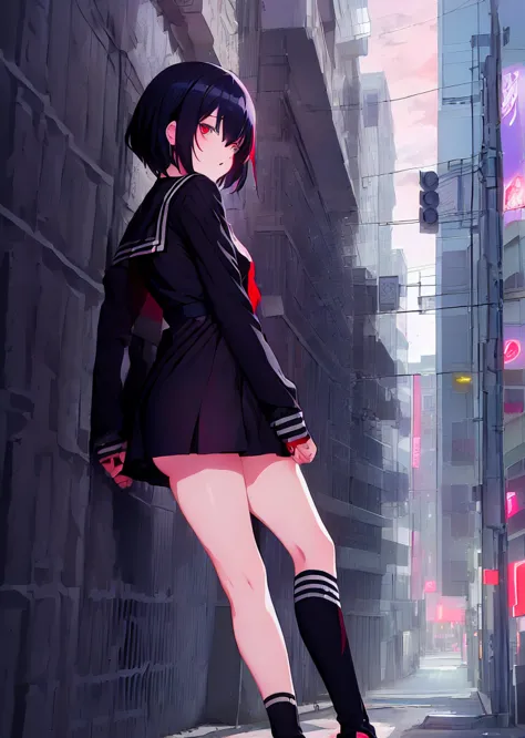 (perfect composition),anime character sukeban delinquent girl  standing on a city street corner in black seifuku with black very...