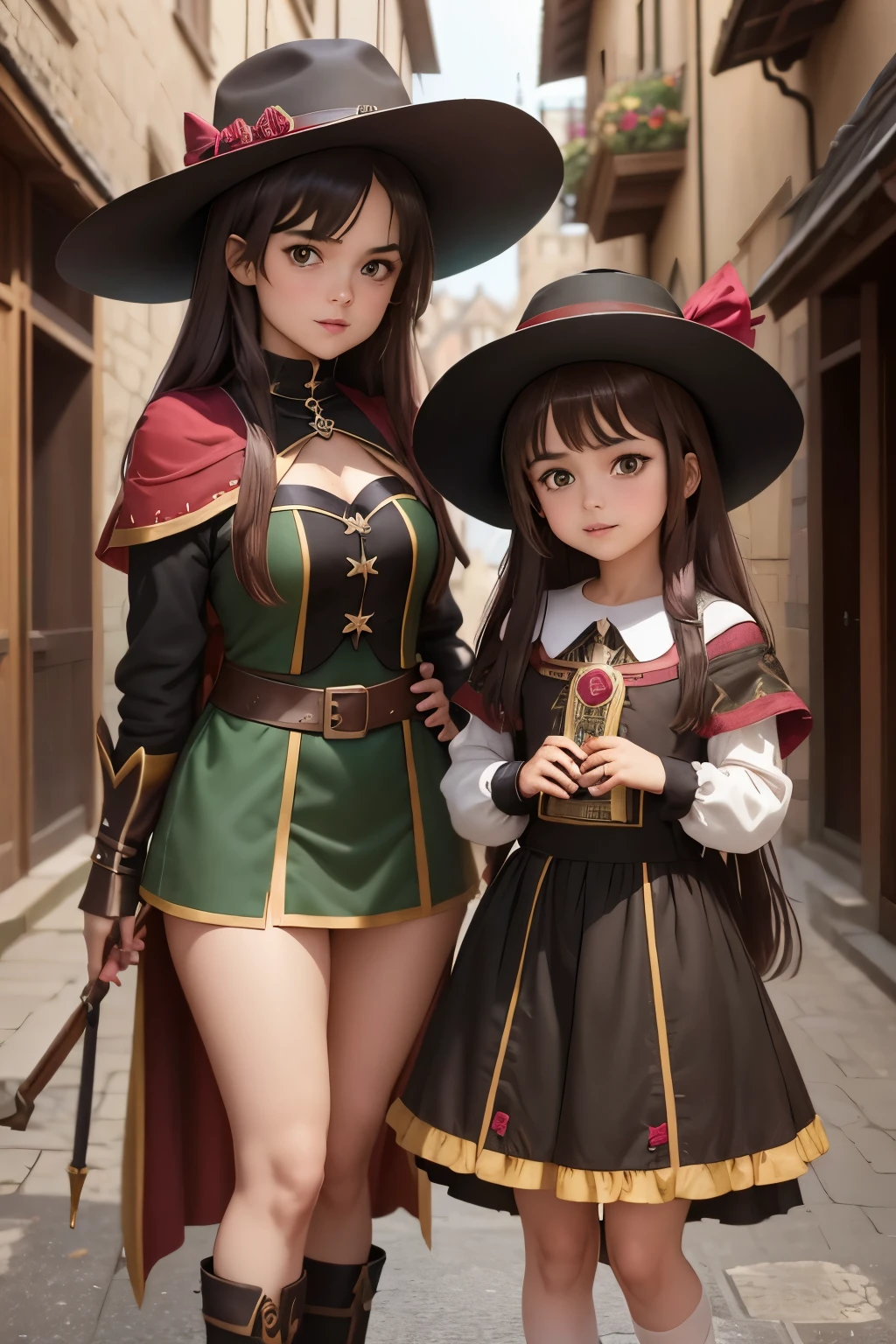 Megumin archimage and her daughter 13 years old Esmeralda archmage's apprentice (Have brunette color hair and dark green eyes, wearing sorcerer hats, medieval city, fight against enemy,