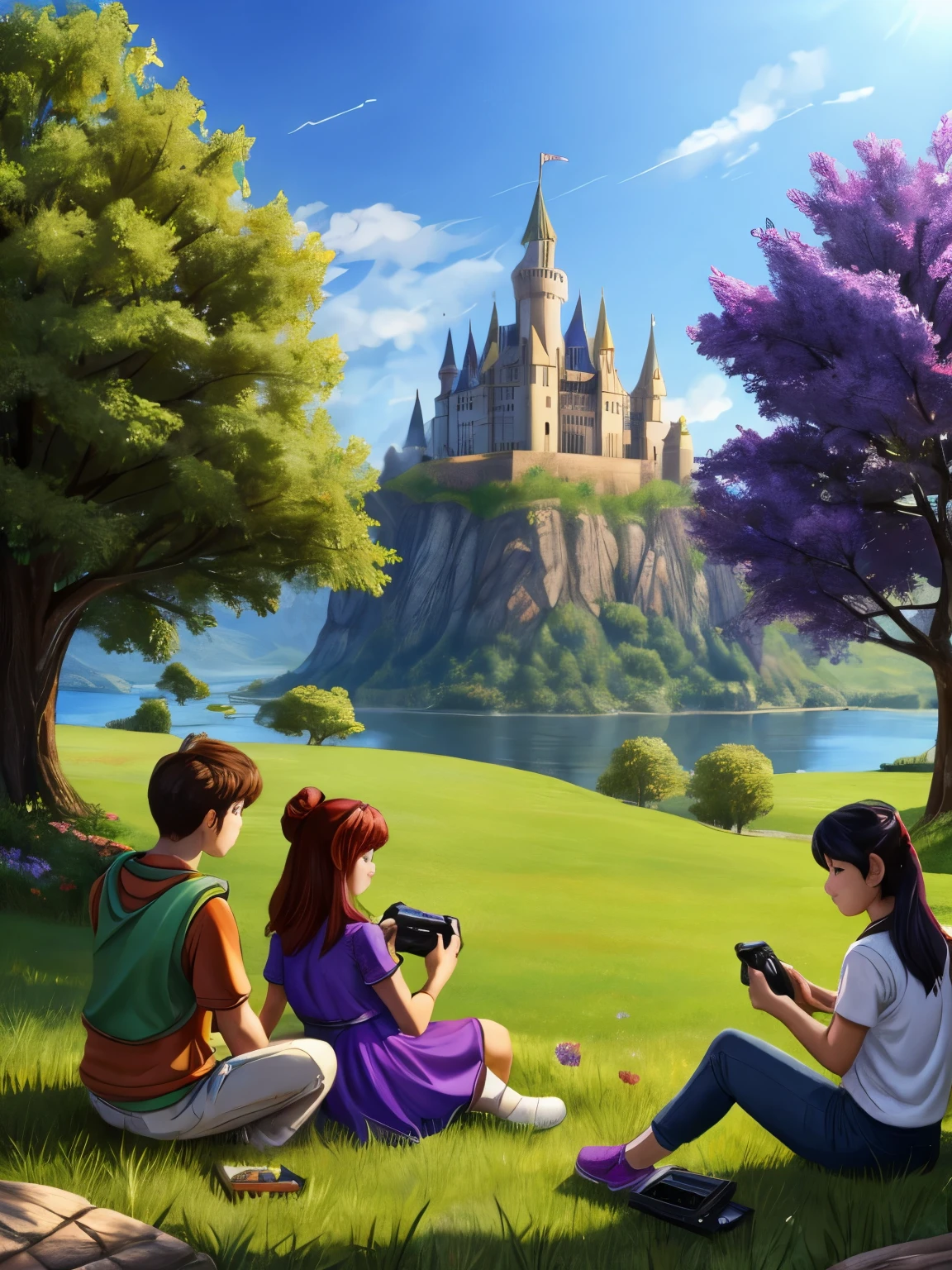 Tree people, playing video games, outside.  Eating wafflle. Everyone wearing purple collor. Far away you can see a castle