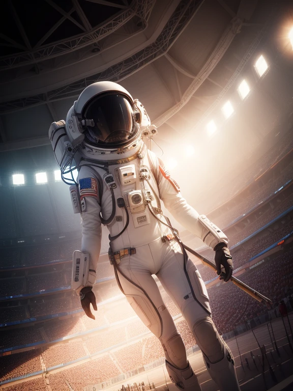 ((obra de arte, mais alta qualidade, Melhor qualidade de imagem, Alta resolução, realista, Fotos RAW, 8K)),fundo,Dentro do estádio nos Jogos Olímpicos, Um astronauta a voar de costas para um estádio cheio de espectadores, Utiliza propulsão de foguetes de um pack de reforço montado nas costas para voar pelo ar.。Estádio enorme, Um fato espacial que brilha ao sol, Astronauta flutuando num vasto estádio de atletismo, ((O interior do estádio é retratado com a adição de um efeito de névoa de calor causado pelo foguete&#39;s propulsão de calor..))