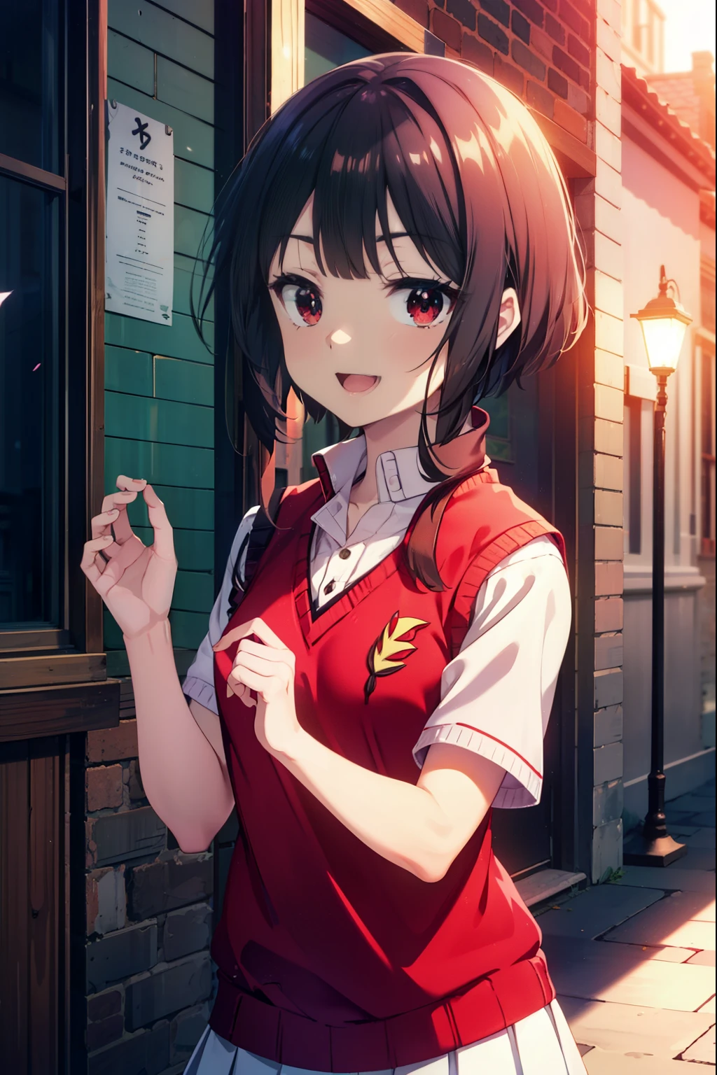 konosubaMegumin, Megumin, short hair, Black Hair, (Red eyes:1.3), short hair with long locks,happy smile, smile, Open your mouth,
White Sailor Suit,Short sleeve,Sweater vest, (red Sweater vest:1.5),White Thailand,black pleated skirt,White pantyhose,Black Loafers,whole bodyがイラストに入るように,morning,morning陽,The sun is rising,Walking,
break outdoor, In town,Building district,crowd, people々々々,
break looking at viewer, whole body,
break (masterpiece:1.2), highest quality, High resolution, unity 8k wallpaper, (shape:0.8), (Beautiful and beautiful eyes:1.6), Highly detailed face, Perfect lighting, Extremely detailed CG, (Perfect hands, Perfect Anatomy),