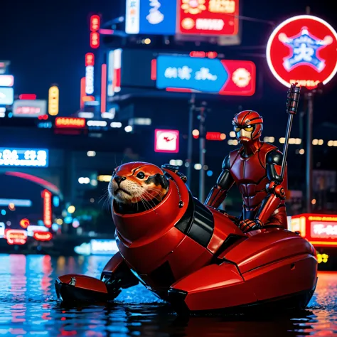 An enormous crab themed robot battles a otter themed UltraMan, Bangkok at night