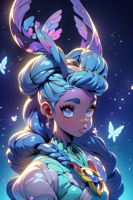 masterpiece, ultra detailed, girl(afrocentric), american next top model, braids & space bun hairstyle, slim thic, blue aesthetics, butterflies, anime, bee and puppycat style
