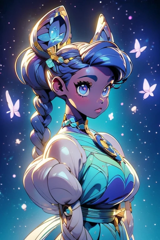 masterpiece, ultra detailed, girl(afrocentric), american next top model, braids & space bun hairstyle, slim thic, blue aesthetics, butterflies, anime, bee and puppycat style
