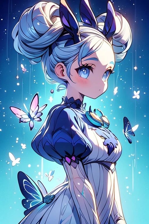 masterpiece, ultra detailed, girl, american next top model, braids & space bun hairstyle, slim thic, blue aesthetics, blue butterflies, anime, bee and puppycat style
