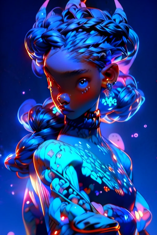 masterpiece, ultra detailed, girl(afrocentric), american next top model, braids & space bun hairstyle, slim thic, blue aesthetics, blue butterflies, anime, bee and puppycat style
