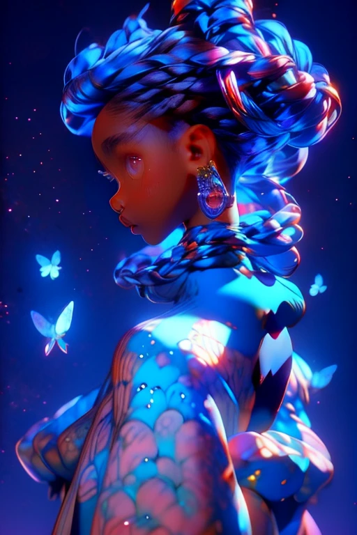 masterpiece, ultra detailed, girl(afrocentric), american next top model, braids & space bun hairstyle, slim thic, blue aesthetics, blue butterflies, anime, bee and puppycat style
