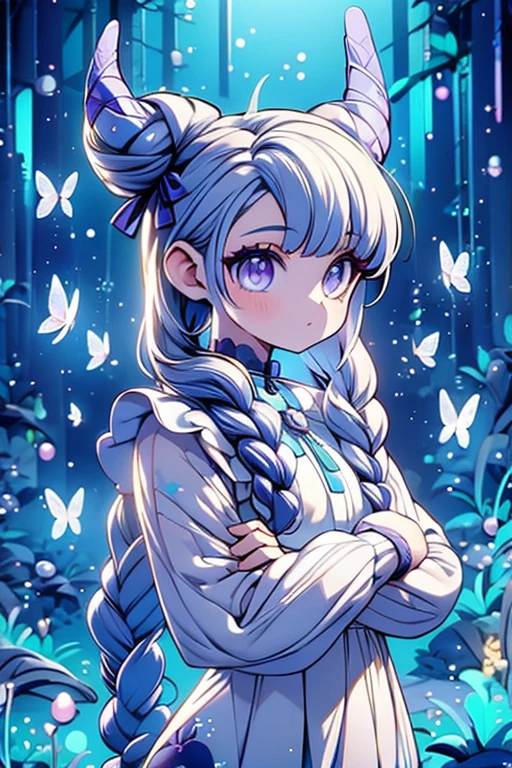 masterpiece, ultra detailed, girl, american next top model, braids & space bun hairstyle, slim thic, blue aesthetics, butterflies, koi fish, anime, bee and puppycat style
