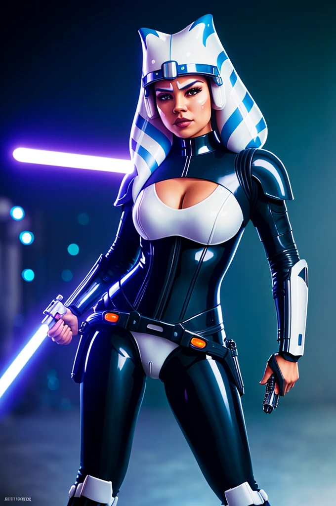 Photo of a female Stormtrooper from Star Wars, (full body), ((Dynamic portrait)), ((Hyperrealism)), ((Detailed RAW color art)), ((Bokeh effect)), ((Leading Lines Shot)), ((Tilt-Shift (Simulating Miniature Scenes))), ((Butterfly lighting)). She wears the iconic Stormtrooper armor with a glossy black finish and thigh-high boots. Her medium-sized breasts are hidden underneath the rigid structure of her uniform. Her eyes are covered by the helmet, but her expression is determined and focused, creating an intriguing contrast between her impassive face and the lively background. The photograph, taken with a high-end