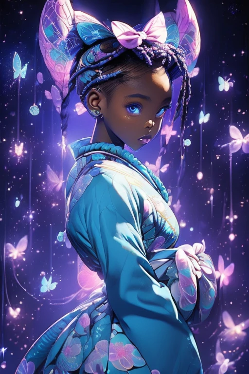 (best quality, ultra-detailed, realistic:1.37), girl(afrocentric), american next top model, braids, space bun hairstyle, slim thic, blue aesthetics, koi fish, butterflies, anime, bee and puppycat style