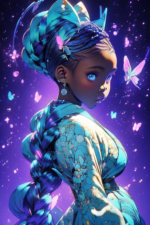 (best quality, ultra-detailed, realistic:1.37), girl(afrocentric), american next top model, braids, space bun hairstyle, slim thic, blue aesthetics, koi fish, butterflies, anime, bee and puppycat style