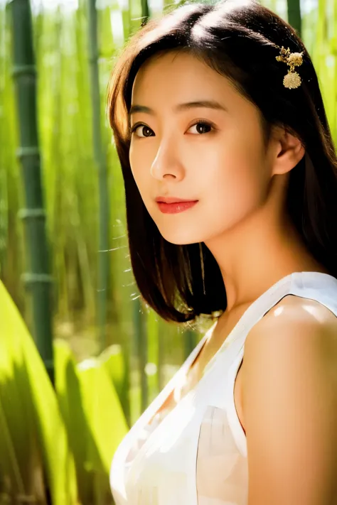 masterpiece, high quality, high resolution, 8k, realistic japan woman in bamboo bushes,  beautiful japanese female, goddess of j...