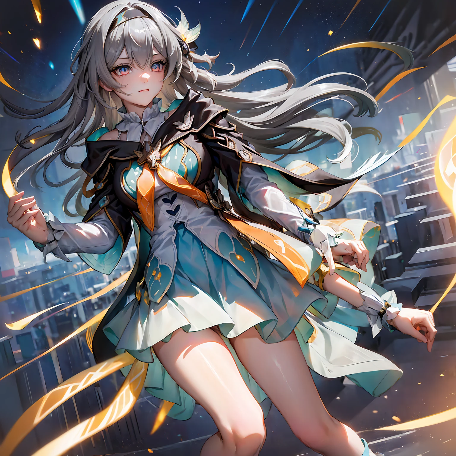 (masterpiece,best quality)best resolusion,2head:1.5,2 girl,stelle character,firefly character,long gray hair,gray eyes,yellow eyes,Head accessories,wearing thin white clothes,wearing an open black jacket with a yellow top pattern,wearing a blue dress with white on the sleeves and under the chest and black cloth on the shoulders with gold patterns,wearing a two-pronged orange tie,normal breasts,The thighs of the legs are covered with blue cloth with the top edge being white,simple background,HDR,4K,ulta high res,perfect lighting,colored,beautiful face,beautiful hair,beautiful eyes,beautiful body, beautiful hand