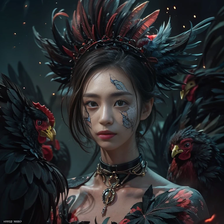 (highest quality、Super detailed、Real:1.37)、(professional、Bright colors)、(Dark fantasy)、((Human-faced chicken:1.5))、（Human-chicken hybrid creature)、(Apparition)、(The face of a young and extremely beautiful woman:1.4)、(Beautiful detailed eyes、Beautiful detailed lips、Highly detailed eyes and face)、(Dark Night Road、Dimly lit road)、(media: oil)、(Fine feather detail、Captivating colorysterious atmosphere)、(Studio Lighting)