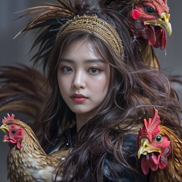 (highest quality、Super detailed、Real:1.37)、(professional、Bright colors)、(Dark fantasy)、((Human-faced chicken:1.5))、（Human-chicken hybrid creature)、(Apparition)、(The face of a young and extremely beautiful woman:1.4)、(Beautiful detailed eyes、Beautiful detailed lips、Highly detailed eyes and face)、(Dark Night Road、Dimly lit road)、(media: oil)、(Fine feather detail、Captivating colorysterious atmosphere)、(Studio Lighting)