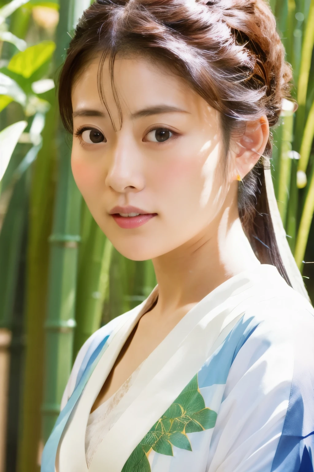 Masterpiece, High quality, High resolution, 8K, Realistic Japan woman in bamboo bushes,  beautiful japanese female, goddess of Japan, Beautiful Face, detailed face, detailed eyes, Tie up your hair, Wearing a white wet translucent kimono, Inserting kanzashi, A MILF, Sexy Japanese woman, A 30-year-old woman, Looking at the camera, facing front, face forwards, rain is falling, Beautiful collarbone
