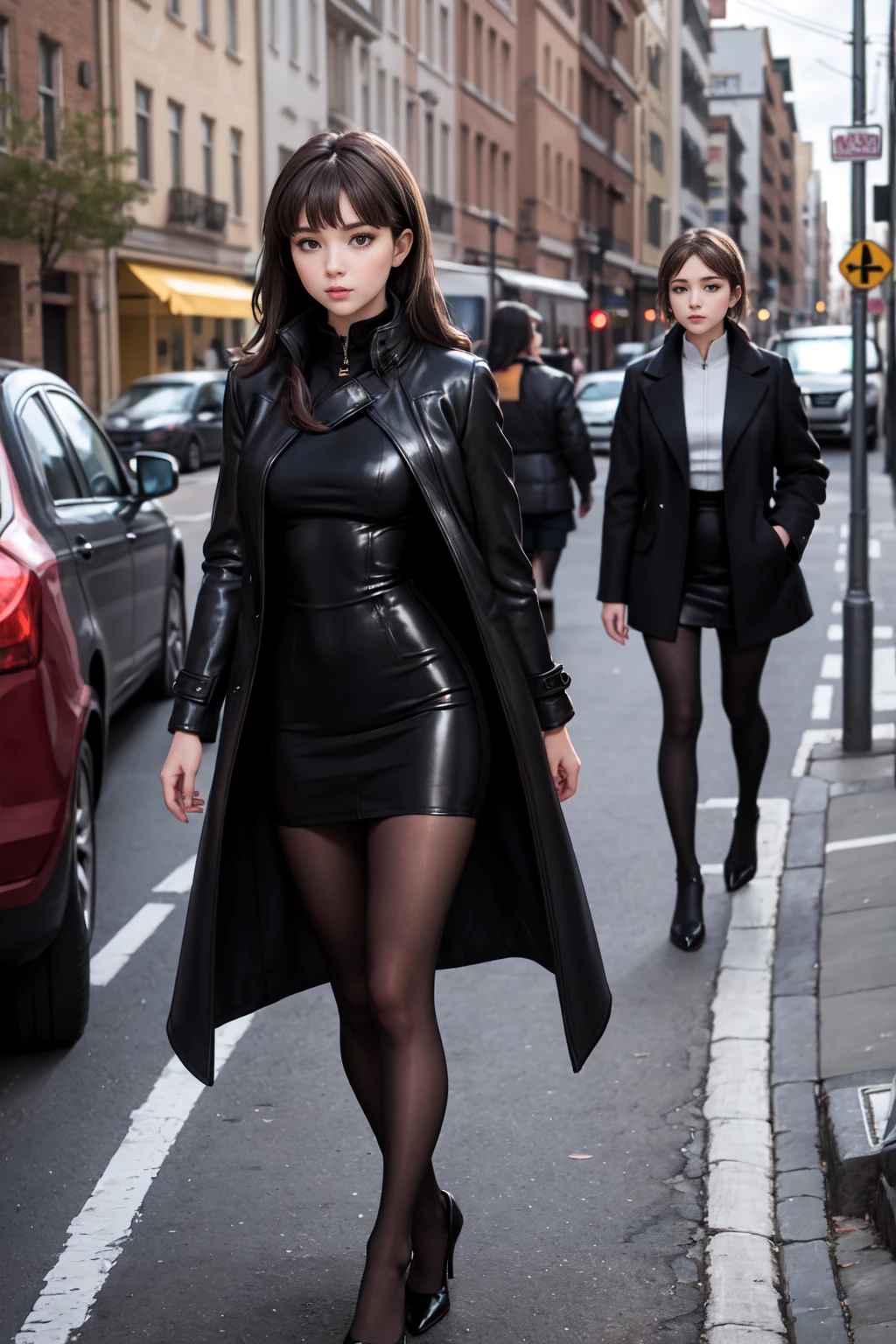 brunette, woman in a black dress and coat stands on a street corner, short skirt and long jacket, lady in black coat and pantyhose, Portrait of Sophie Mudd, tights; to the streets, cloak and suit, wear a leather coat, Elegant girl in urban attire, sexy look