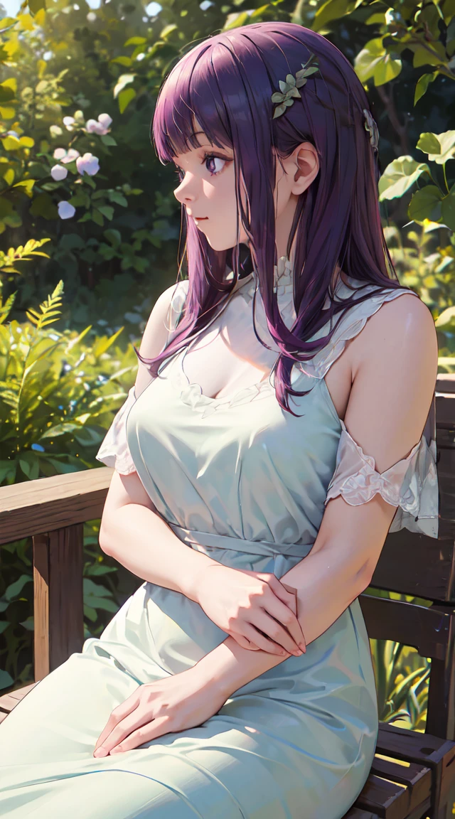 (Purple Hair:1.1,highest quality,4K,8k,High resolution,masterpiece:1.2),Very detailed,(Realistic,photoRealistic,photo-Realistic:1.37),Fern with vibrant Purple Hair sitting on a cushion in a serene garden, bathed in warm sunlight. She is surrounded by lush plants and colorful flowers, Delicate petals fall softly around her. Fern is wearing an elegant dress that complements her hair color., As she sits the fabric flows gracefully around her.. Digital art is、It captures all the intricate details of Fern&#39;s vibrant hair.。, Her expressive eyes, And her gentle smile. The entire scene is rendered with vivid colors and a high sense of realism.。, creating a mesmerizing masterpiece. The lighting accentuates the beauty of both the ferns and the garden., highlighting the rich tones of the Purple Hair and the natural beauty of the surrounding flora. The artwork is a perfect blend of realism and artistic interpretation, Expressing the beauty of ferns and the tranquil atmosphere of the garden.