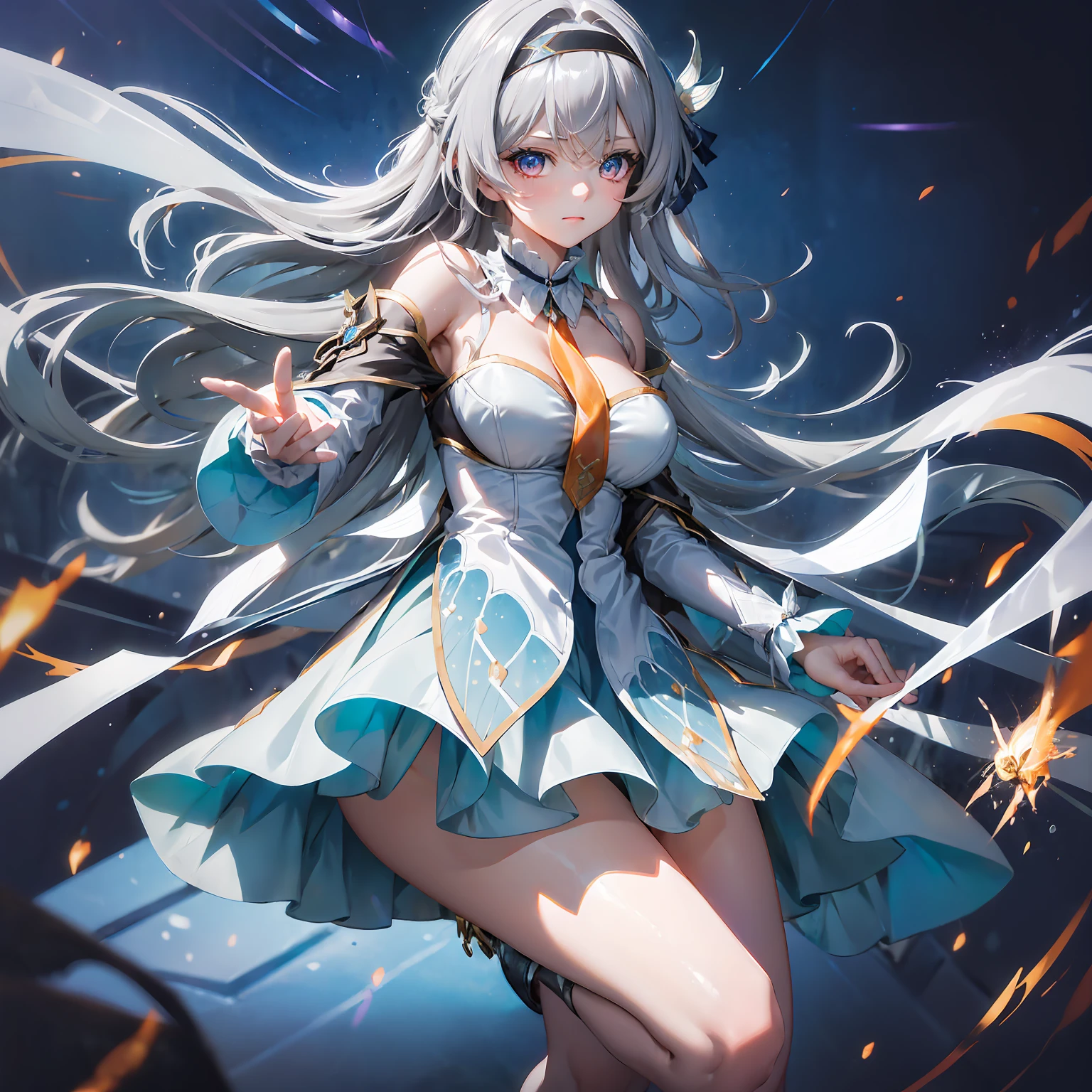 (masterpiece,best quality)best resolusion,2head:1.5,1 girl,firefly character,long gray hair,gray eyes,Head accessories,wearing a blue dress with white on the sleeves and under the chest and black cloth on the shoulders with gold patterns,wearing a two-pronged orange tie,normal breasts,The thighs of the legs are covered with blue cloth with the top edge being white,simple background,HDR,4K,ulta high res,perfect lighting,colored,beautiful face,beautiful hair,beautiful eyes,beautiful body, beautiful hand