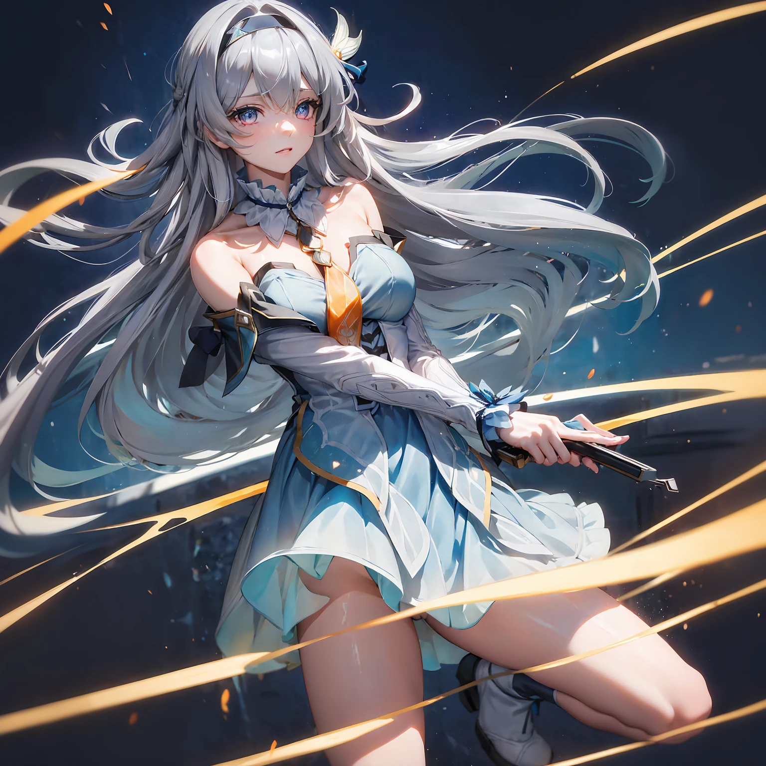 (masterpiece,best quality)best resolusion,2head:1.5,1 girl,firefly character,long gray hair,gray eyes,Head accessories,wearing a blue dress with white on the sleeves and under the chest and black cloth on the shoulders with gold patterns,wearing a two-pronged orange tie,normal breasts,The thighs of the legs are covered with blue cloth with the top edge being white,simple background,HDR,4K,ulta high res,perfect lighting,colored,beautiful face,beautiful hair,beautiful eyes,beautiful body, beautiful hand