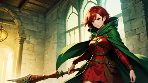 women with short red hair, green cloak, wooden staff, dungeon, fantasy