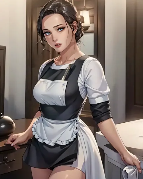 Woman with short brown hair blue eyes firm body perfect breasts black maid uniform white apron happy face standing ,sexi,solo de...