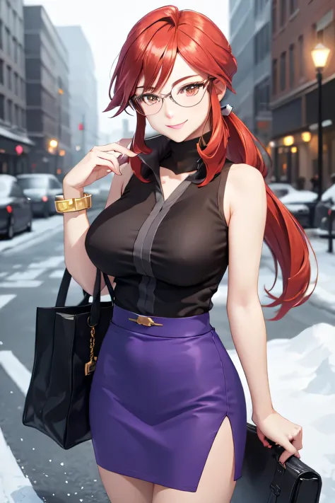 masterpiece, best quality,  frlglorelei, red hair, swept bangs, glasses, black shirt, sleeveless, bracelet, purple skirt, large ...